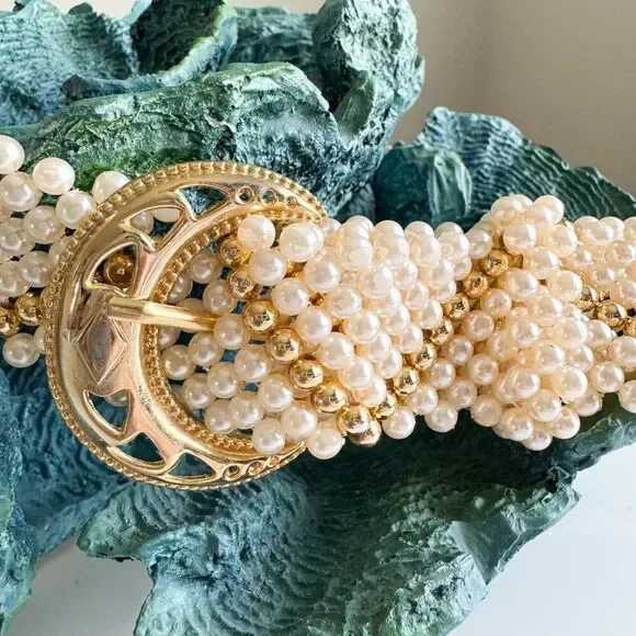 Vintage Faux Pearl and Gold Belt Womens Bridal Statement Accessory